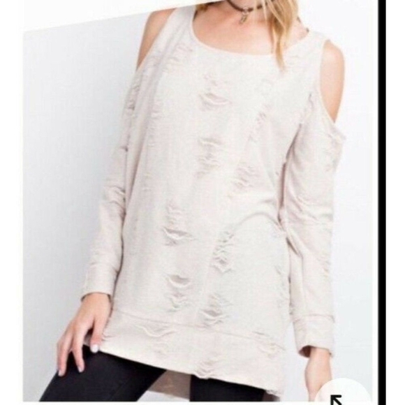 PinkBlush Sweaters - Pullover PINKBLUSH Cold Shoulder Distressed Pullover Easel 2TONE KNIT SWEATER
